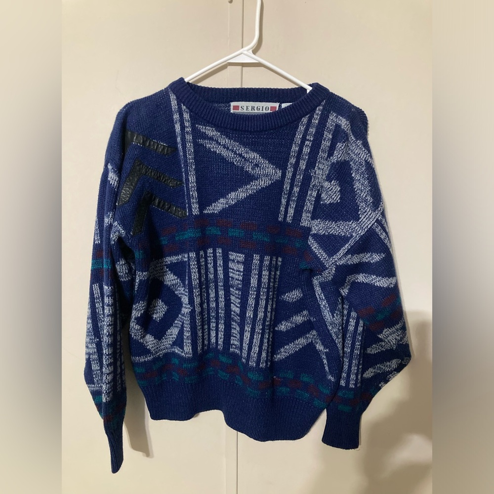 VTG Sergio Valente Sweater 90s Blue Geometric Dad Pullover Size S